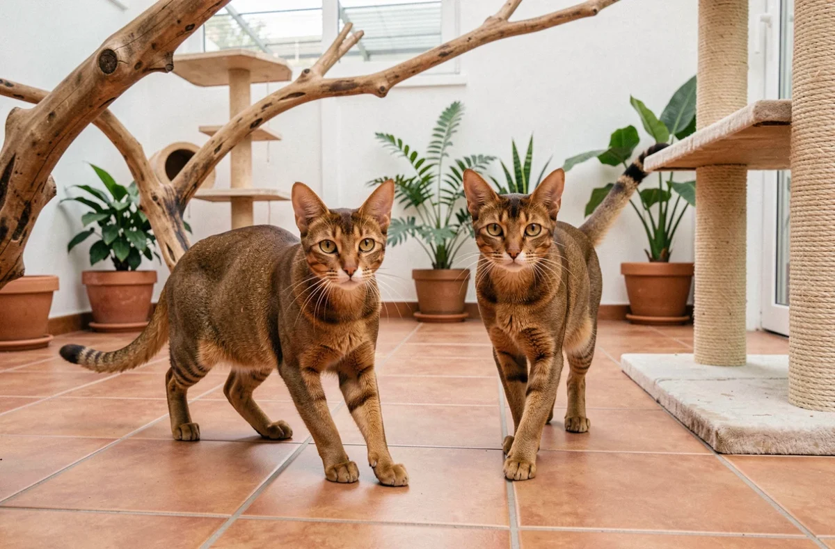 Deux chats Abyssins au pelage tiqué roux explorant un enclos intérieur spacieux avec branches en bois pour l'élevage Abyfelis