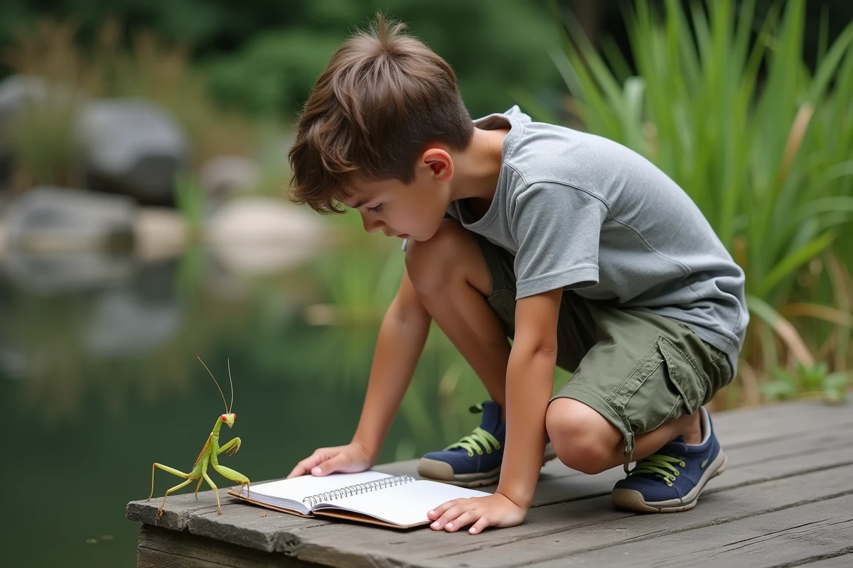 Adolescent documentant une mante religieuse sur un pont en bois
