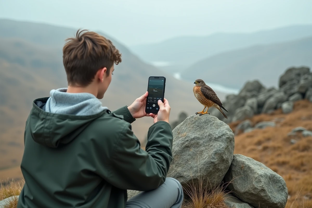 Adolescent sur un sommet rocheux utilisant une appli hors ligne pour identifier un rapace posé sur un rocher
