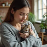 Femme tenant un chaton de 3 mois dans un appartement à Rennes, illustrant le thème de l'adoption responsable d'un chaton à donner