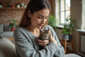 Femme tenant un chaton de 3 mois dans un appartement à Rennes, illustrant le thème de l'adoption responsable d'un chaton à donner