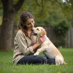 Jeune femme tenant un chiot Labrador doré dans un jardin de Gironde, adoption de chiot gratuite en respectant la loi