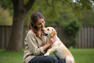 Jeune femme tenant un chiot Labrador doré dans un jardin de Gironde, adoption de chiot gratuite en respectant la loi