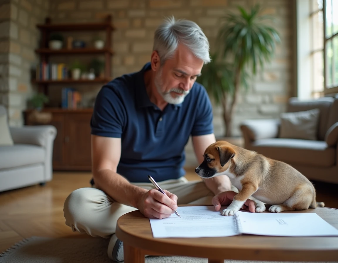 Homme remplissant un document d'adoption pour un chiot dans un salon français, adoption légale et gratuite en Gironde