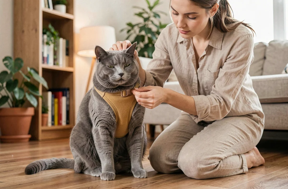 Jeune femme ajustant un harnais rembourré sur un chat British Shorthair gris dans un appartement aux tons naturels