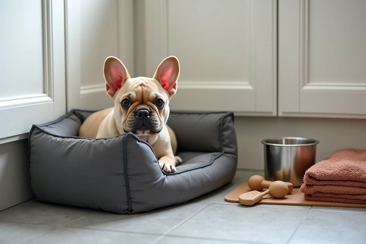 Coin d'accueil soigneusement aménagé pour un chiot Bulldog Pocket avec panier, gamelles et jouets dans une maison moderne