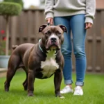 American Bully adulte avec une femme dans un jardin résidentiel