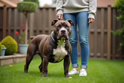 American Bully adulte avec une femme dans un jardin résidentiel