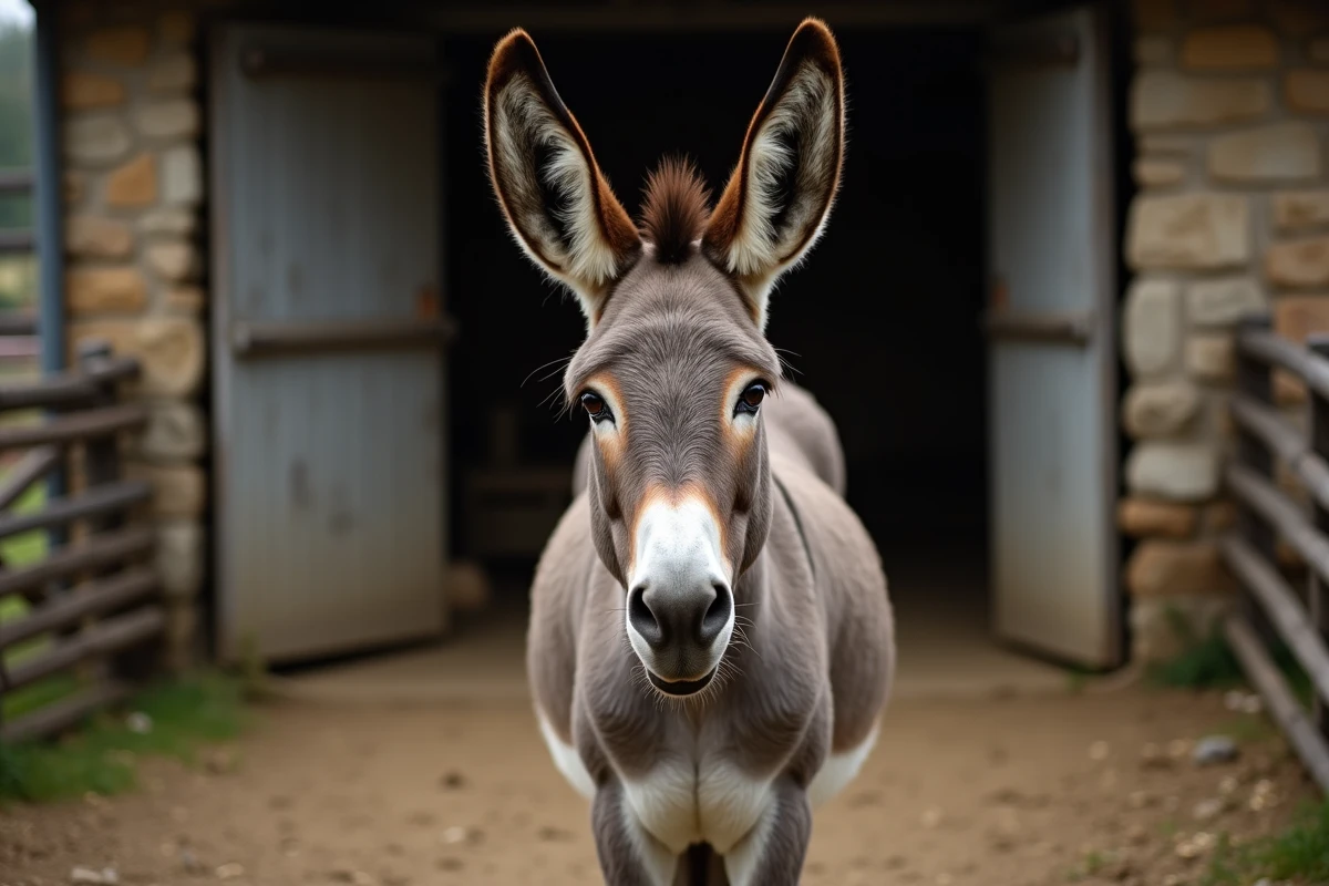 Âne domestique dans une ferme rustique, animal commençant par D idéal pour cours et fiches pédagogiques