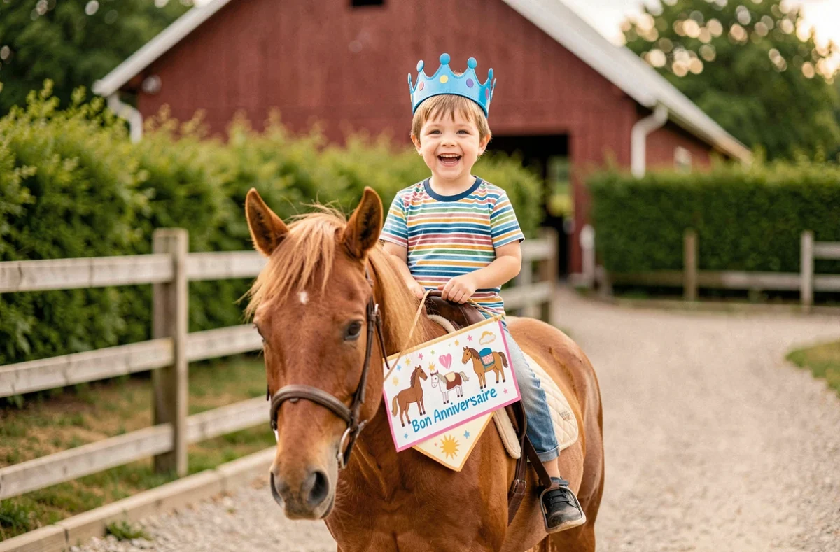 Enfant souriant avec une couronne d'anniversaire assis sur un poney décoré pour une fête au centre équestre