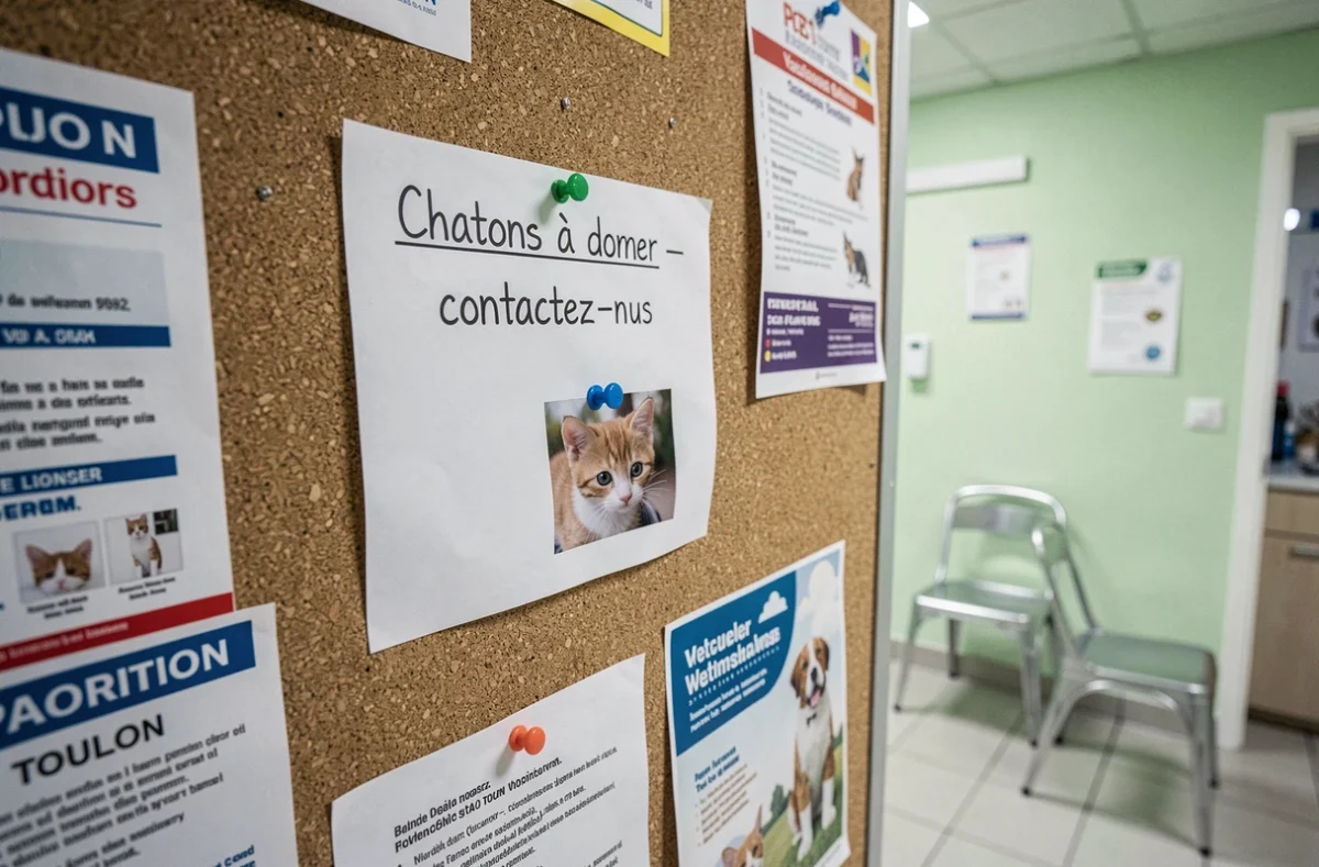 Annonce manuscrite de chatons à donner affichée dans une clinique vétérinaire près de Toulon, illustrant les obligations légales pour les adoptants en France