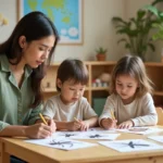 Enseignante de maternelle présentant des fiches illustrées d'insectes à des enfants de 4-5 ans autour d'une table en bois dans une salle de classe colorée