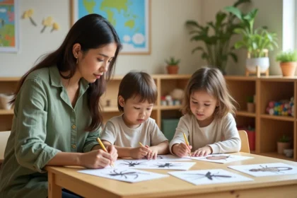 Enseignante de maternelle présentant des fiches illustrées d'insectes à des enfants de 4-5 ans autour d'une table en bois dans une salle de classe colorée