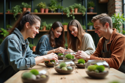 Groupe de jeunes adultes créant des terrariums dans un atelier parisien