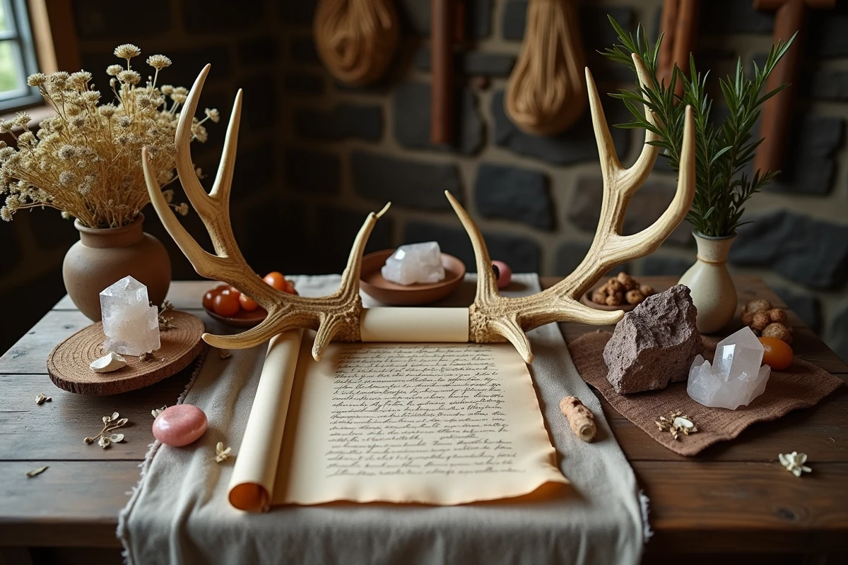 Un autel rituel rustique avec un bois de cerf, des cristaux et des fleurs séchées, symbolisant la féminité sacrée et la spiritualité chamanique