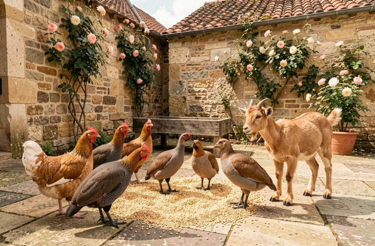Basse-cour variée avec poules Brahma, pintades et jeune chèvre partageant une aire d'alimentation dans une ferme française