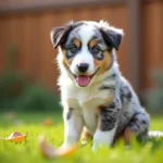 Bébé Berger Australien assis dans un jardin avec un regard attentif et une expression naturelle détendue