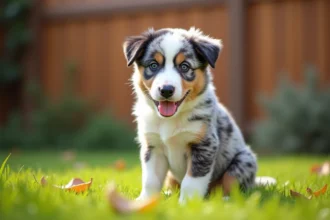 Bébé Berger Australien assis dans un jardin avec un regard attentif et une expression naturelle détendue
