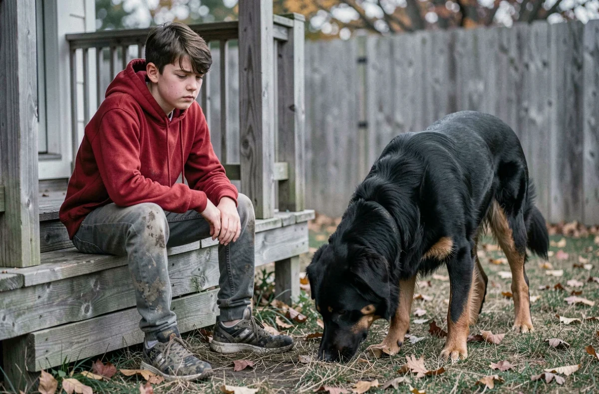 Adolescent découragé lors d'une séance de dressage ratée avec un jeune Berger Suisse Noir dans un jardin en automne