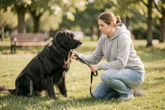 Jeune femme tentant de corriger son Berger Suisse Noir en laisse dans un parc, erreur fréquente de dressage débutant