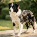 Border Collie à poil ras avec robe noir et blanc debout sur une terrasse en bois, illustrant l'aspect brillant et lisse de son pelage court