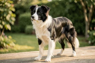 Border Collie à poil ras avec robe noir et blanc debout sur une terrasse en bois, illustrant l'aspect brillant et lisse de son pelage court