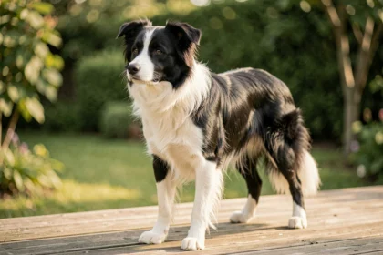 Border Collie à poil ras avec robe noir et blanc debout sur une terrasse en bois, illustrant l'aspect brillant et lisse de son pelage court