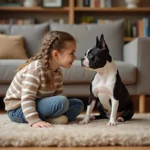 Boston Terrier adulte assis calmement à côté d'une jeune fille dans un salon familial chaleureux