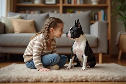 Boston Terrier adulte assis calmement à côté d'une jeune fille dans un salon familial chaleureux