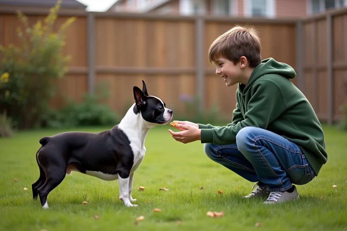 Enfant offrant une friandise à un Boston Terrier adulte dans un jardin clôturé sécurisé