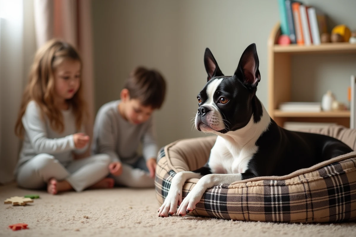 Deux enfants en pyjama observant calmement un Boston Terrier adulte au repos dans une chambre d'enfant