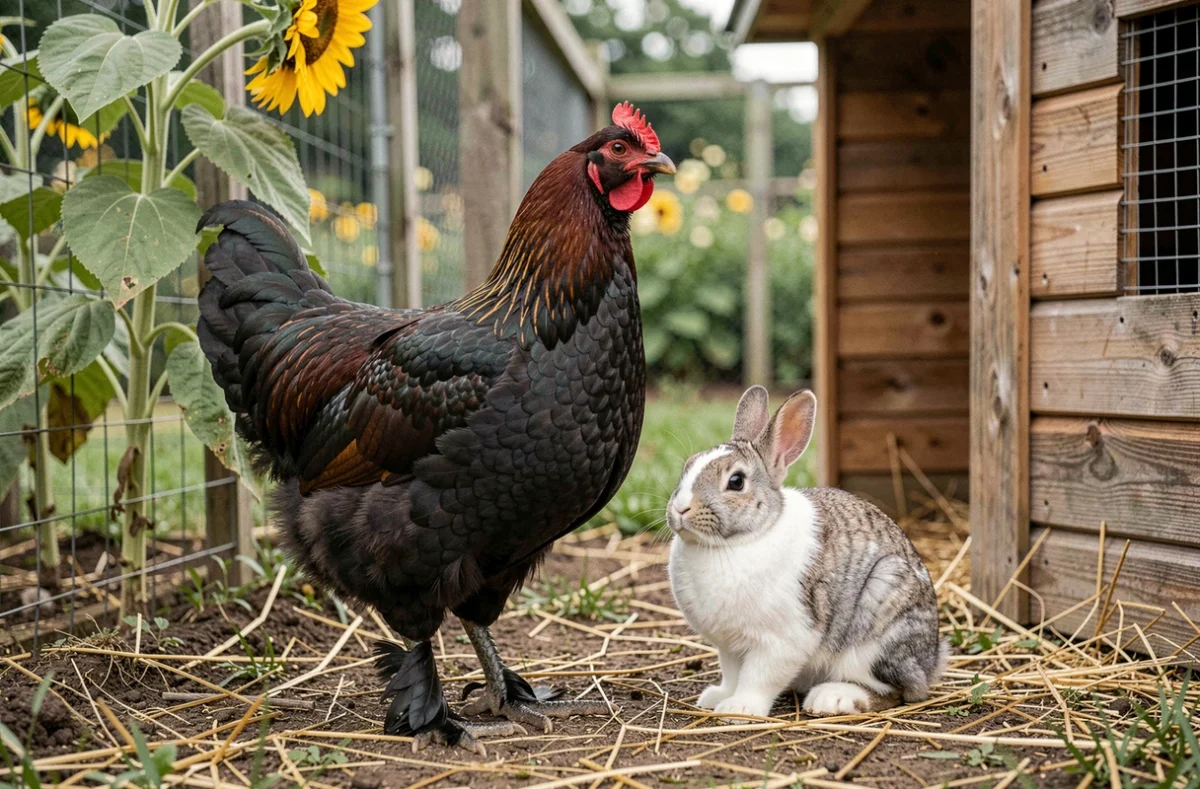 Poule de Brahma à plumage sombre et lapin domestique en cohabitation sereine près d'un poulailler en bois