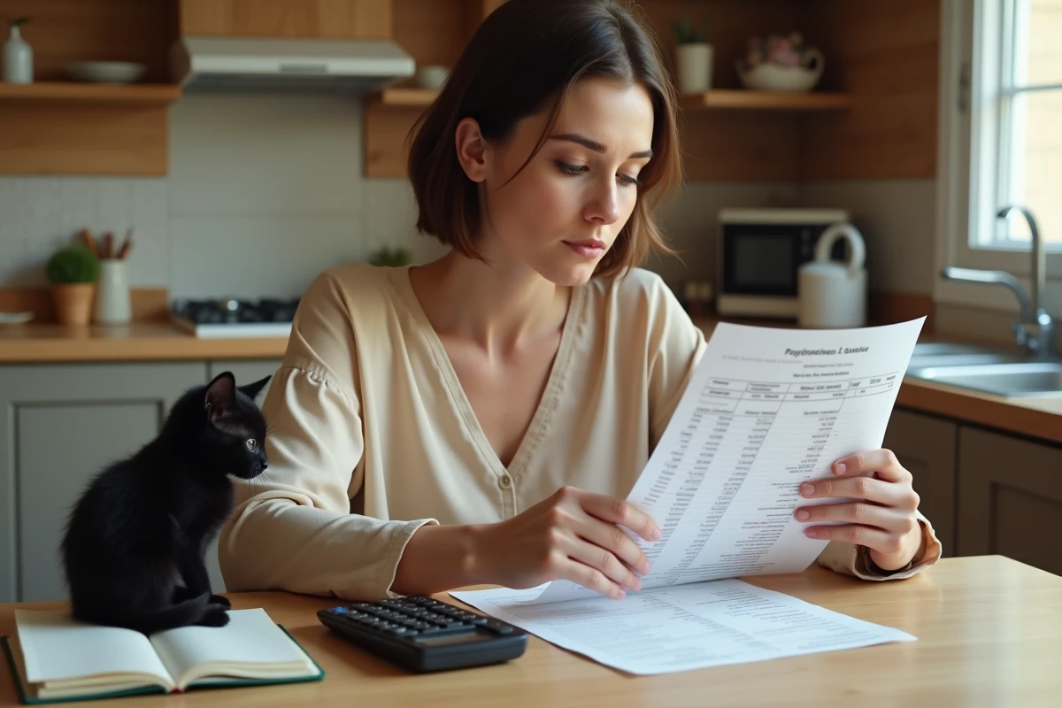 Femme calculant le budget annuel d'un chaton adopté gratuitement pour éviter de sous-estimer les coûts
