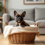Chiot Bulldog Pocket installé dans un panier douillet en osier avec une couverture crème, prêt à accueillir son nouveau foyer