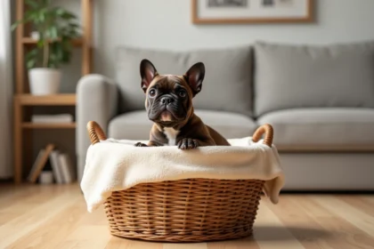 Chiot Bulldog Pocket installé dans un panier douillet en osier avec une couverture crème, prêt à accueillir son nouveau foyer
