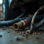 Câbles de voiture rongés par une fouine avec des crottes d'animaux nocturnes dans le compartiment moteur