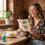 Femme tenant une carte d'anniversaire dessinée à la main avec un cheval, assise à une table décorée pour une fête