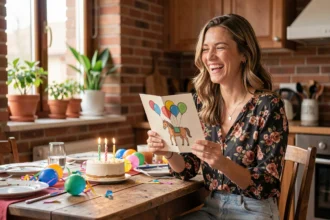 Femme tenant une carte d'anniversaire dessinée à la main avec un cheval, assise à une table décorée pour une fête
