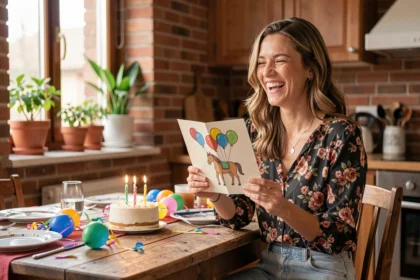 Femme tenant une carte d'anniversaire dessinée à la main avec un cheval, assise à une table décorée pour une fête