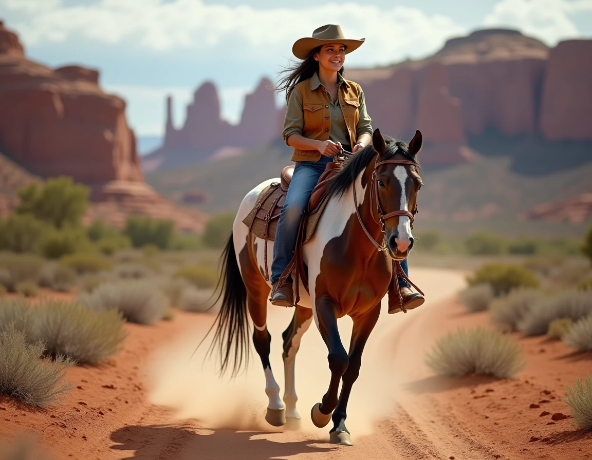 Cavalière western chevauchant un Appaloosa au galop sur un sentier poussiéreux