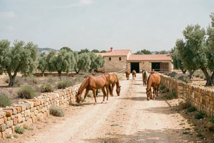 Vue panoramique d'un centre équestre en Provence dans les Bouches-du-Rhône, avec des chevaux et des écuries en arrière-plan
