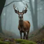Une biche majestueuse au regard contemplatif se tenant à l'orée d'une forêt brumeuse, symbole de féminité sacrée et de spiritualité