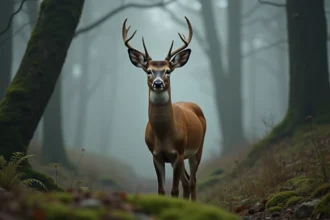 Une biche majestueuse au regard contemplatif se tenant à l'orée d'une forêt brumeuse, symbole de féminité sacrée et de spiritualité