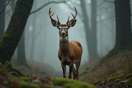 Une biche majestueuse au regard contemplatif se tenant à l'orée d'une forêt brumeuse, symbole de féminité sacrée et de spiritualité