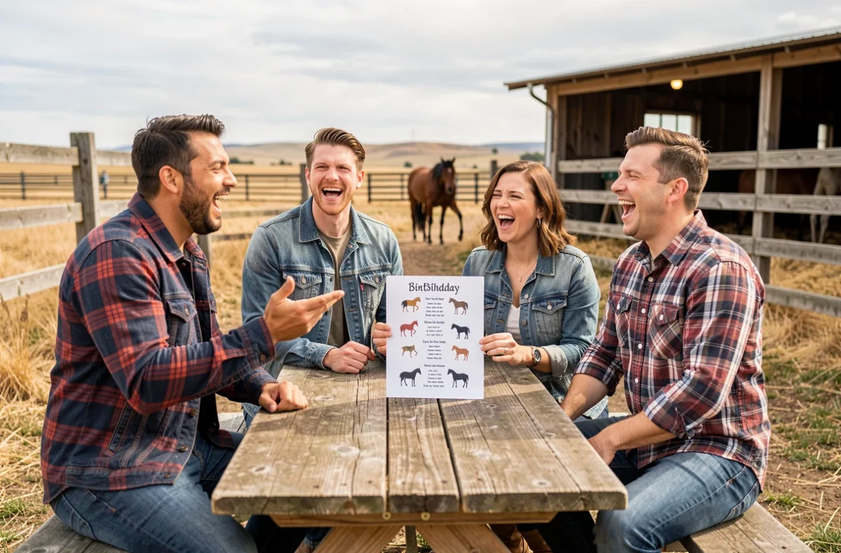 Groupe d'amis chantant une chanson d'anniversaire sur le thème du cheval dans un ranch en plein air