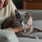 Chat âgé avec collier sur canapé dans un salon moderne