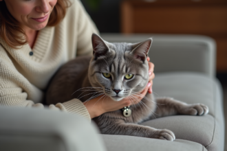 Chat âgé avec collier sur canapé dans un salon moderne