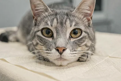 Gros plan sur les yeux d'un chat âgé aux pupilles dilatées lors d'une consultation vétérinaire