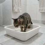 Chat tabby entrant dans un bac à litière basique en plastique blanc posé sur un carrelage gris de salle de bain