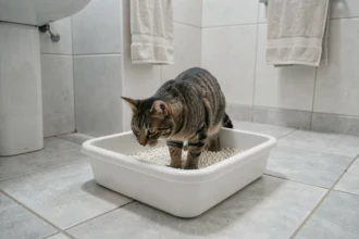 Chat tabby entrant dans un bac à litière basique en plastique blanc posé sur un carrelage gris de salle de bain